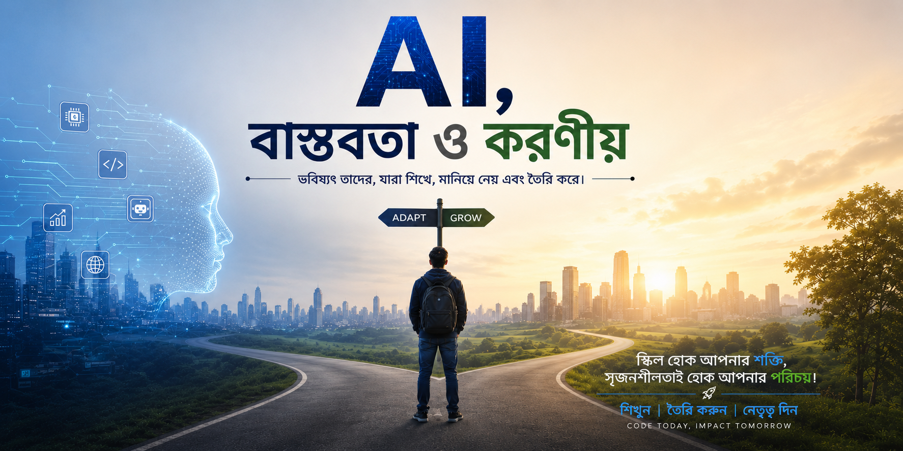 AI: বাস্তবতা ও করণীয় নিয়ে ব্যানার চিত্র